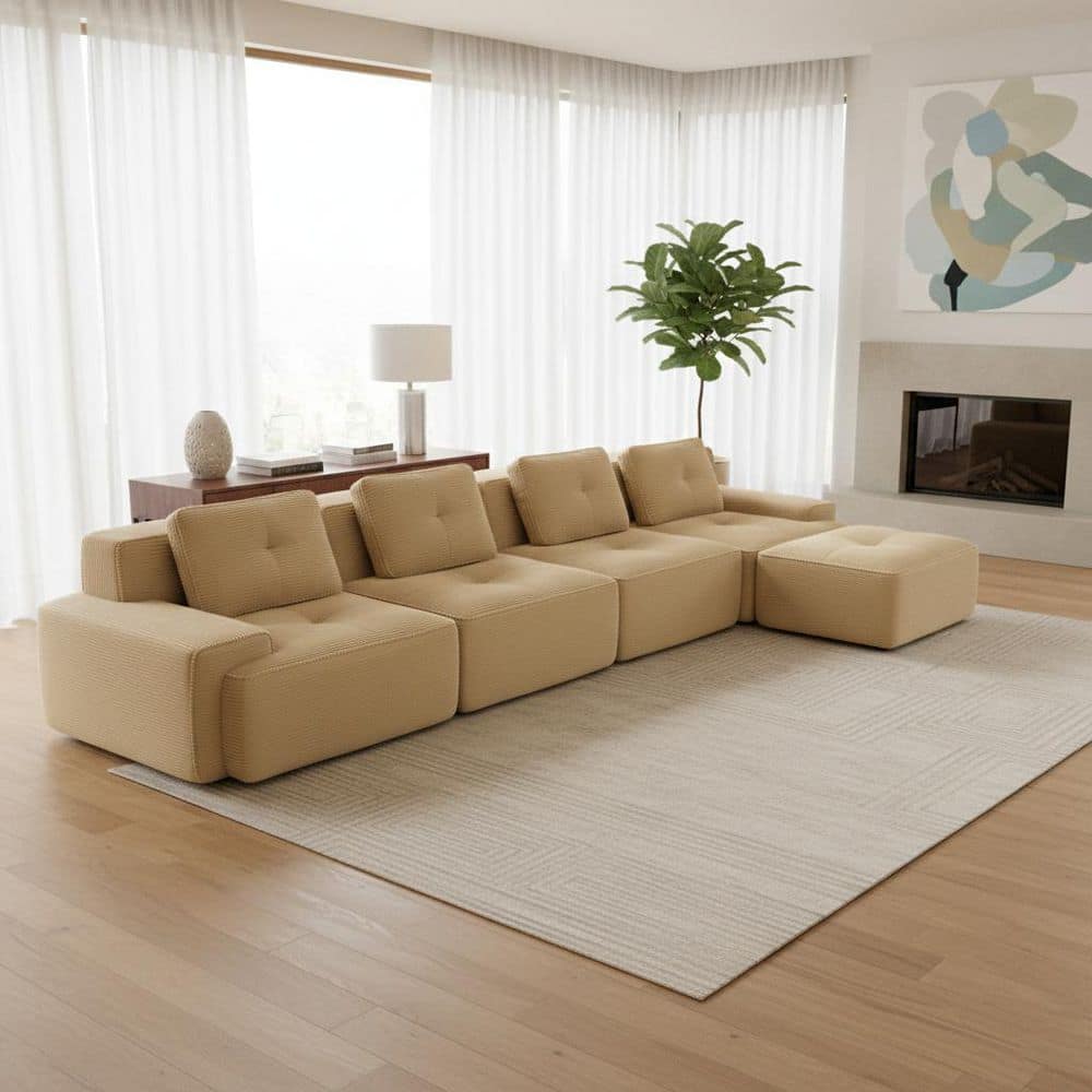 TITK 152.8 in. Track Arm 4-Piece Corduroy Modular Sectional Sofa with 1 Ottoman and Tufted Design in. Sand Beige