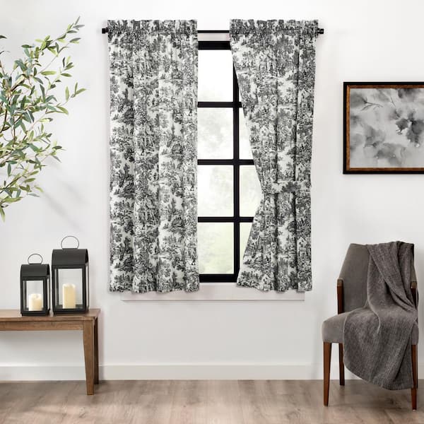 Victoria Park Black Cotton Toile Rod Pocket Room Darkening Curtain - 34 in. W x 63 in. L (Set of 2)