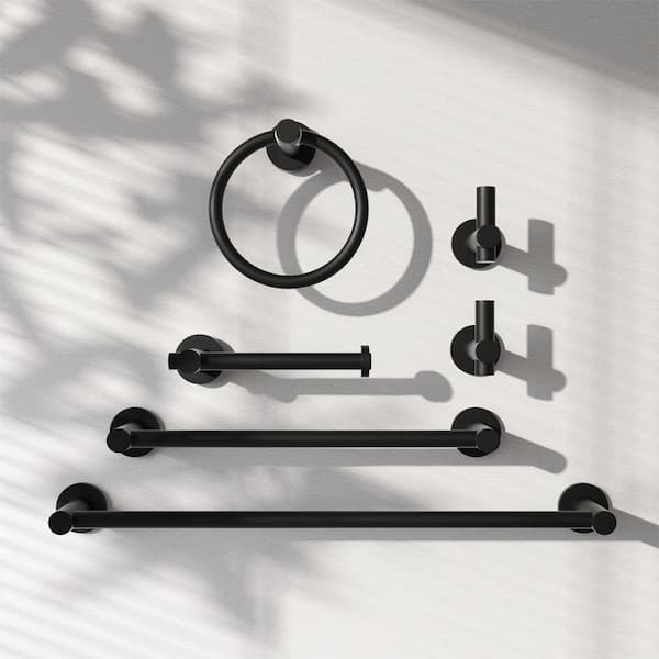6 -Piece Bath Hardware Set with 2 Towel Bars/Racks, Toilet Paper Holder, 2 Towel/Robe Hooks, Towel Ring in Matte Black