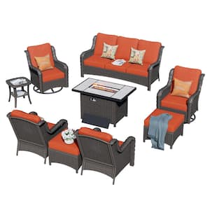 Oreille Brown 9-Piece Wicker Outdoor Patio Conversation Sofa Set with a Rectangle Firepit and Orange Red Cushions