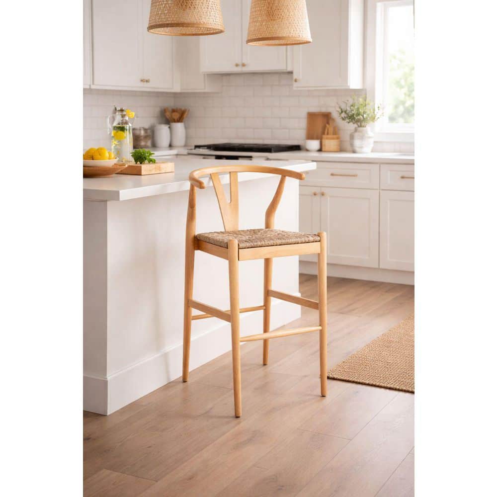 Boraam Wishbone 29in. High Back Kitchen Wood Bar Stool with Rush