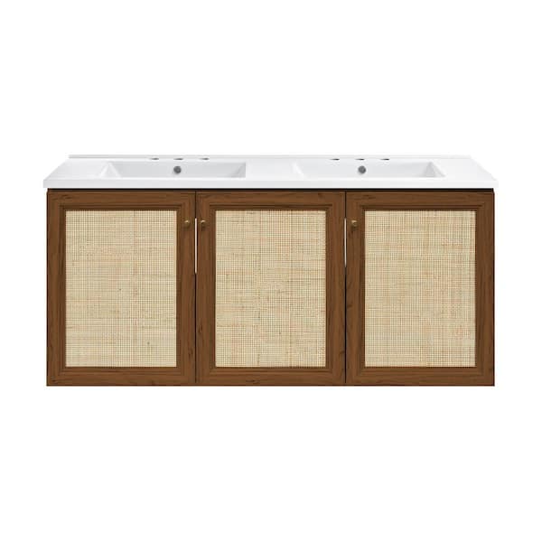 Swiss Madison Classe 48 in. Wall-Mounted Bathroom Vanity in Brown Oak with White Ceramic 3-Hole Widespread Double Basin Sink Top
