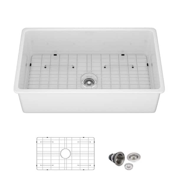 32 in. Undermount Single Bowl White Ceramic Kitchen Sink with Strainer and Bottom Grid