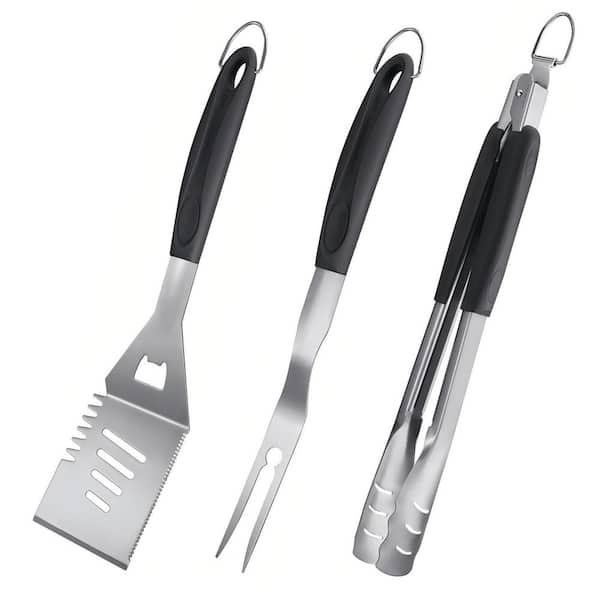 3-Piece Heavy Duty BBQ Large Grill Accessories, Stainless Steel Spatula, Fork and Tongs for Grilling Lover