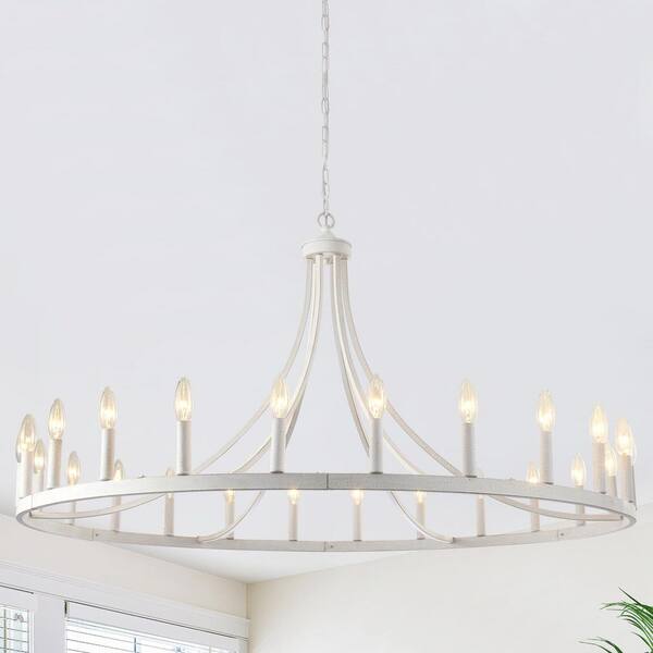 47 in. 24-Light Distressed White Rustic Farmhouse Candle Wagon Wheel Chandelier w/ 59 in. Metal Chain for Restaurant Bar