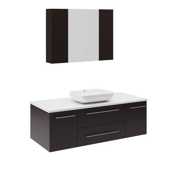Fresca Lucera 48 in. Single Sink Wall Mount Espresso Bath Vanity with White Quartz Top, Vessel Sink and Medicine Cabinet