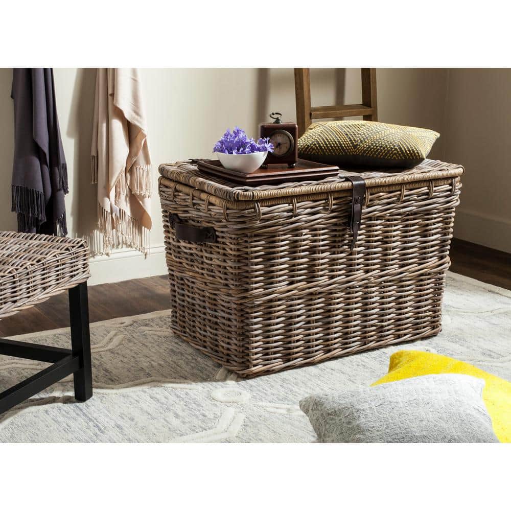 Gray Woven Kubu Rattan Trunk Organizer with Faux Leather Straps