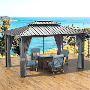 12 ft. x 10 ft. Outdoor Double Roof Aluminum Gazebo with Netting and Gray Curtains for Garden, Patio