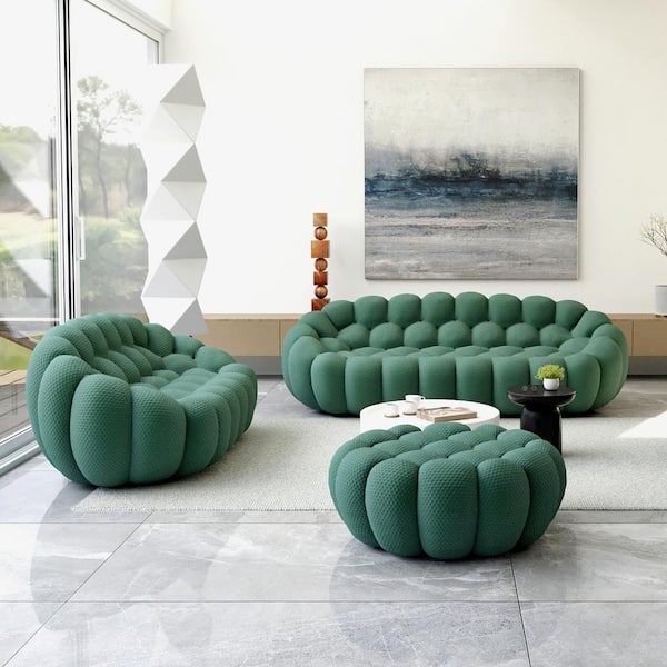 Armless Fabric 98.4 in. Curved Sectional Sofa 3-Seat Floor Bubble Couch with Loveseat, Ottoman in Green (Set of 3)