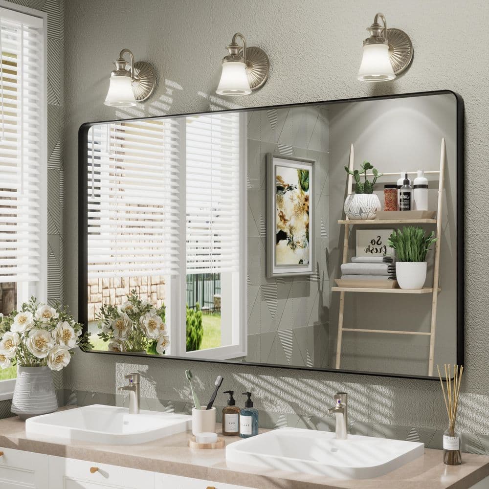 51 in. W x 30 in. H Rectangular Aluminum Alloy Framed and Tempered Glass Wall Bathroom Vanity Mirror in Matte Black price history on PriceWatchPro