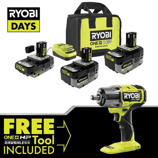 RYOBI ONE+ 18V Lithium-Ion 2.0 Ah, 4.0 Ah, and 6.0 Ah HIGH PERFORMANCE Batteries and Charger Kit w/ HP Brushless Impact Wrench