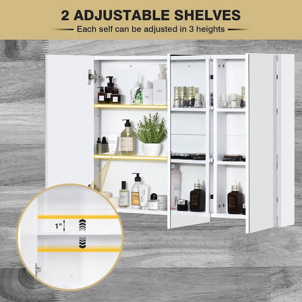 FORCLOVER 3-Door 36 in. W x 25.5 in. H Rectangular White MDF Steel Recessed or Surface Mount Medicine Cabinet with Mirror
