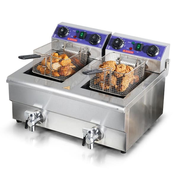 SKYSHALO Commercial Deep Fryer, 23.2 qt. Sliver Deep Fryer, Double Stainless Steel Oil Fryer, Dual Tank 3000-Watt Electric