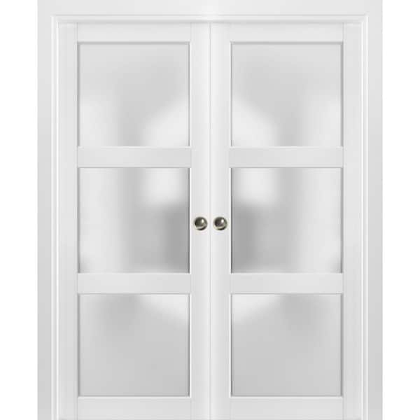 Sartodoors 64 in. x 84 in. 2 Panel White Finished Solid Wood Sliding Door with Hardware
