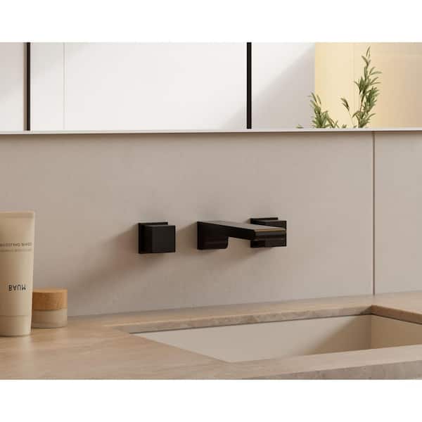 FARNE Double Handles Wall-Mount Bathroom Sink Faucet Trim with Pop-Up Drain in Matte Black