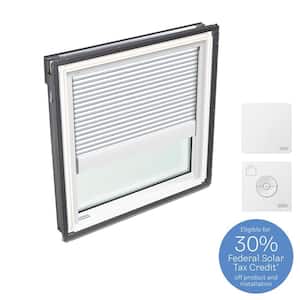 21 in. x 26-7/8 in. Fixed Deck Mount Skylight with Laminated Low-E3 Glass, White Solar Powered Room Darkening Shade