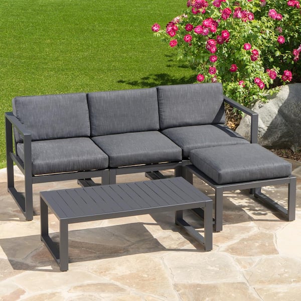 Noble House Navan Dark Grey 5-Piece Aluminum Outdoor Sectional Set with Black Cushions