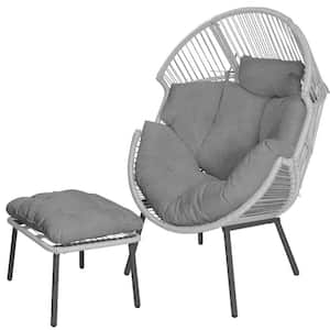 Patio Egg-Shaped Wicker Outdoor Indoor Lounge Chair with Ottoman and Grey Cushion