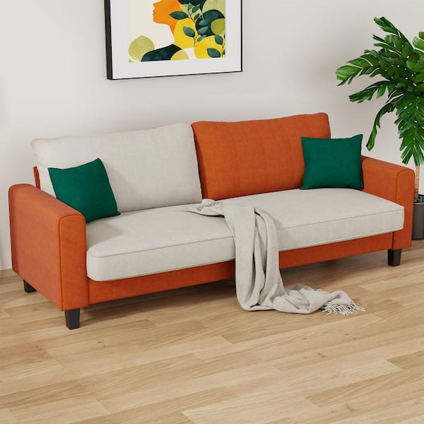 Modern 78.7 in. Square Arm Fabric Rectangle Sofa in. White+Orange