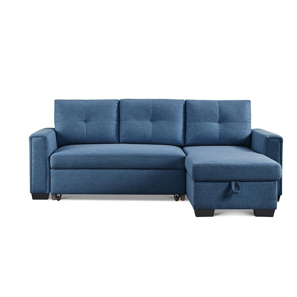 OS Home and Office Furniture Modern Series 92 in. Blue Solid Velvet Polyester Full Size Sofa Bed with Storage