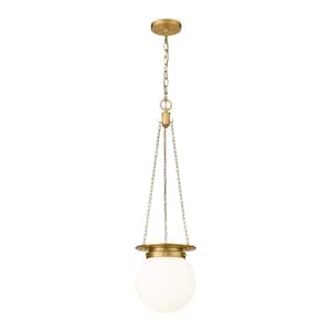 Calhoun 9 in. 1-Light Heritage Brass Pendant Light with White Opal Glass Shade with No Bulbs included