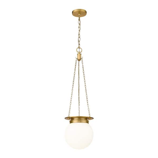 Unbranded Calhoun 9 in. 1-Light Heritage Brass Pendant Light with White Opal Glass Shade with No Bulbs included