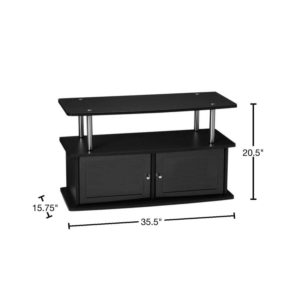 Black Modern TV Stand with Two Cabinets and Stainless Steel Poles