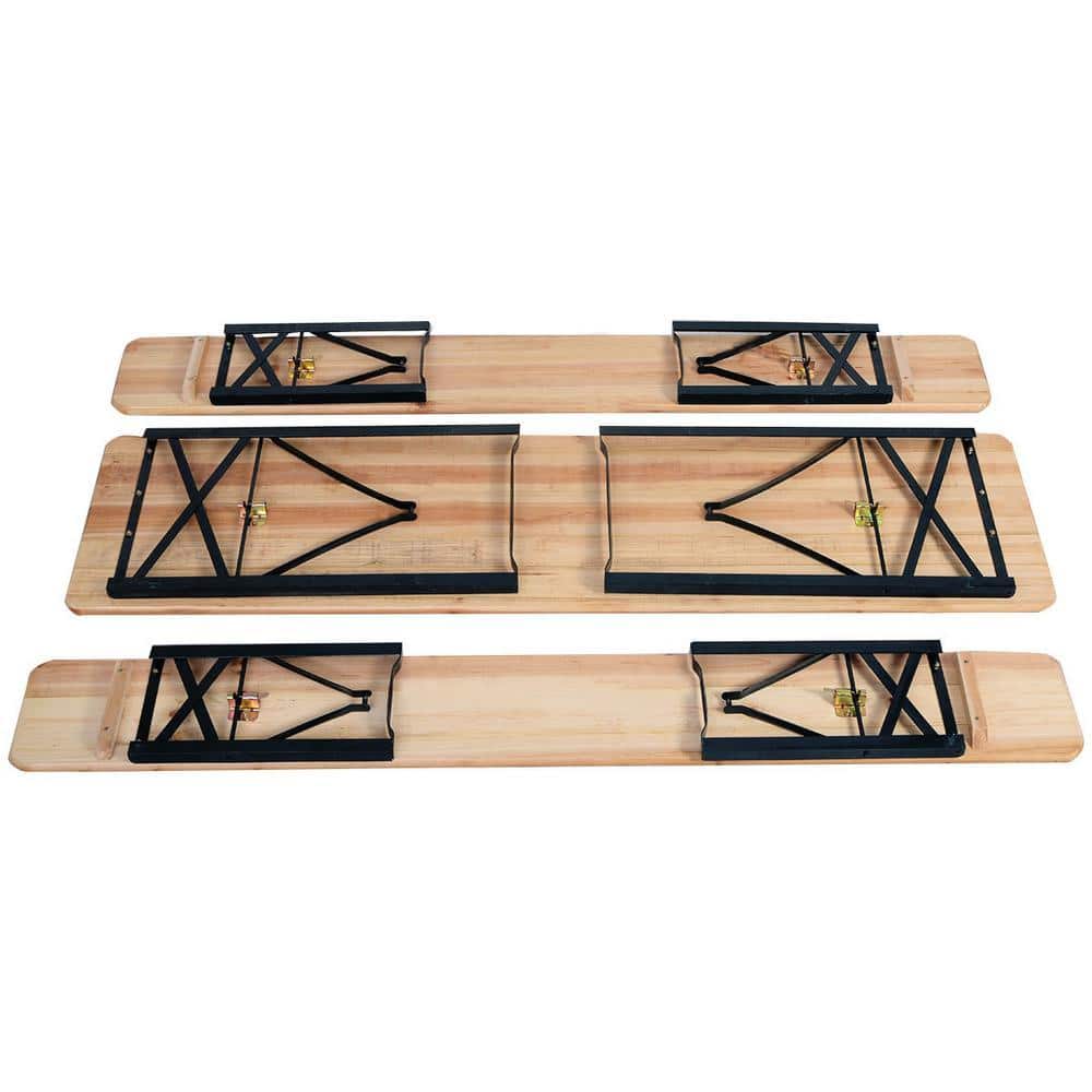 Underside view of the table and two benches showing the black metal frames.