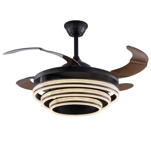 OUKANING 42 in. Modern Black Retractable Blades Integrated LED Indoor 6-Speed Reversible Motor Ceiling Fan with Remote
