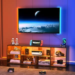 55 in. TV Stand, Entertainment Center with LED Strip and Power Outlets for 45~70 in. TVs, 3 Tiers TV Console, Brown