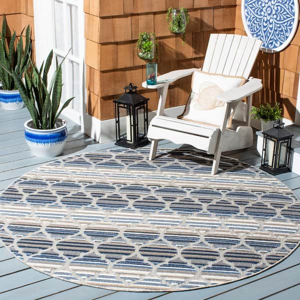 Cabana Blue/Gray 3 ft. x 3 ft. Striped Trellis Indoor/Outdoor Round Area Rug