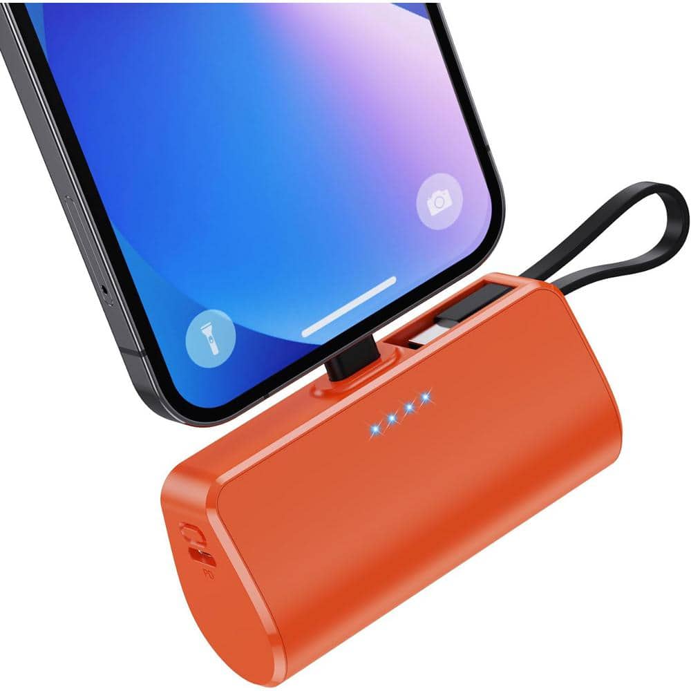 5200mAh Small Portable Charger with Compact PD 3.0A Power Bank with Built-In Cable in Orange - (1-Pack)