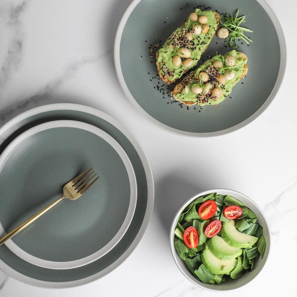 Green and Cream Ceramic 16-Piece Dinnerware Set with Edge Embellishment