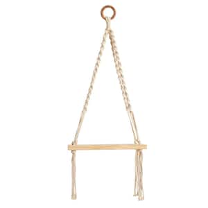 5 in. x 12 in. x 22 in. Cream Macrame and Wood Hand Woven Wall Hanging with Shelf