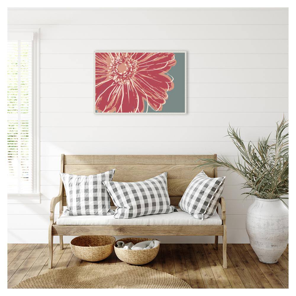 Large Pink Flower on Gray-Green Framed Canvas Wall Art