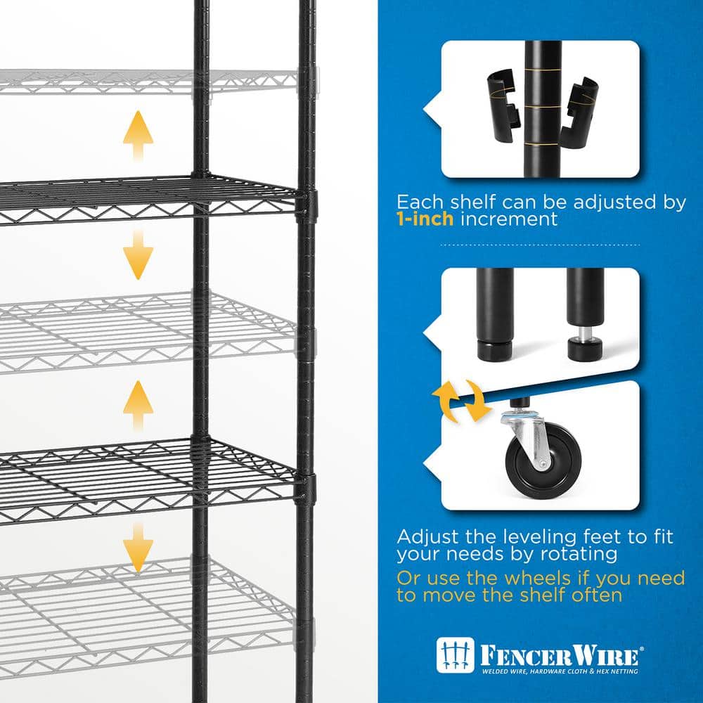 Black 60" Heavy Duty Adjustable Wire Shelving with Wheels