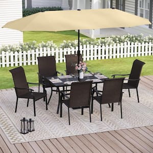 8-Piece Black Metal Patio Outdoor Dining Set with Rectangle Table and Brown Rattan High Back Wave Arm Chairs