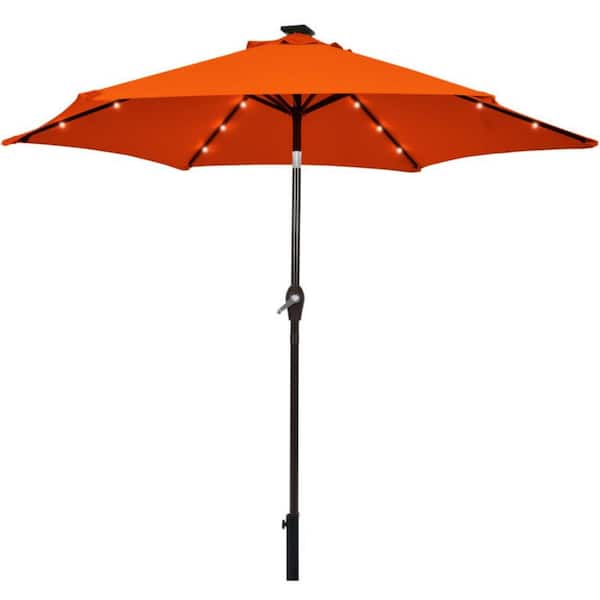 Clihome 9 ft. Iron Market Solar LED Lighted Tilt Patio Outdoor Umbrella in Orange with Crank Lift, 18-LED Light and 6-Sturdy Rib
