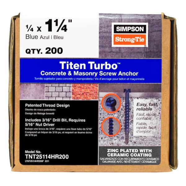 Simpson Strong-Tie Titen Turbo 1/4 in. x 1-1/4 in. Hex-Head Concrete and Masonry Screw, Blue (200-Pack)