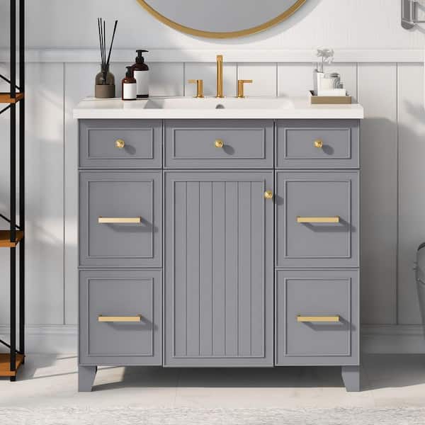 Unbranded 36 in. W x 18 in. D x 34. 3 in. H in Single Sink Freestanding Grey Bath Vanity, with White Resin Top Basin