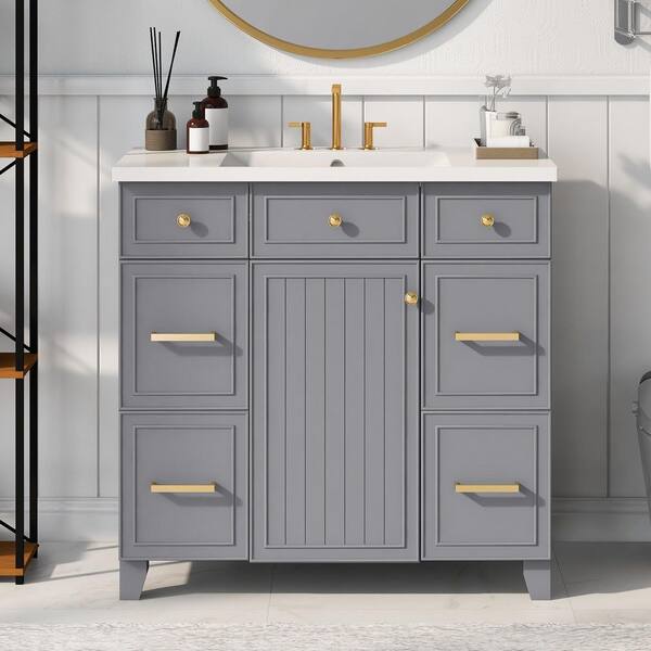 Qidian 36 in. W x 18 in. D x 34. 3 in. H in Single Sink Freestanding Grey Bath Vanity, with White Resin Top Basin