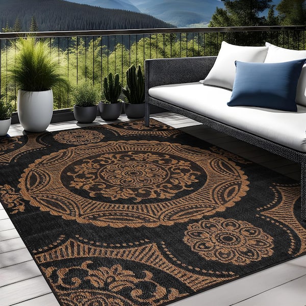 Waikiki Gold/Black 10 ft. x 14 ft. Medallion Indoor Outdoor Area Rug
