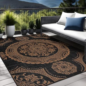 Waikiki Gold/Black 4 ft. x 6 ft. Medallion Indoor Outdoor Area Rug