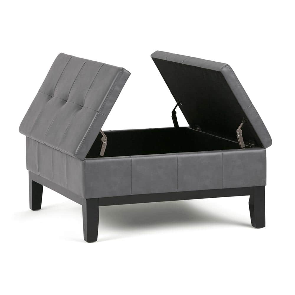 Stone Gray Faux Leather Tufted Square Cocktail Ottoman with Storage