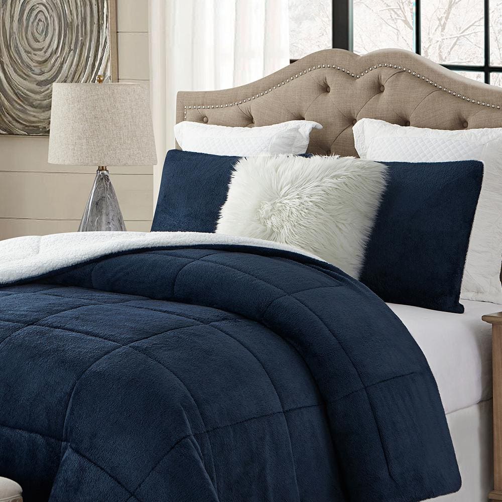 Navy King Reversible Faux Fur Comforter Set with Sherpa