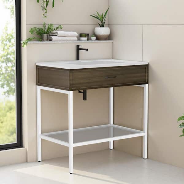 Arya 24 in. W Freestanding Single Sink White Bath Vanity with White Solid Surface Top and White Legs