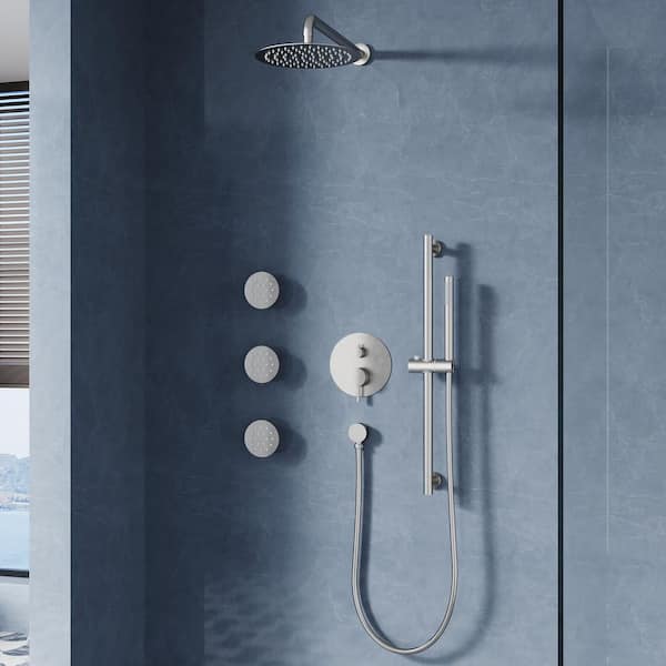 3-Spray 10 in. Square Showerhead Shower System Wall Bar Shower Kit with Hand Shower and Body Jets in Brushed Nickel