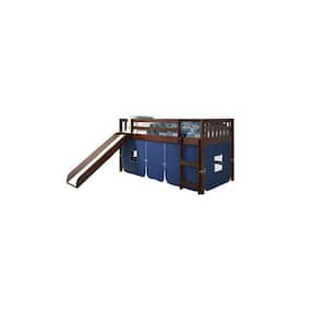 Brown Cappuccino Twin Mission Low Loft Bed with Blue Tent Kit and Slide