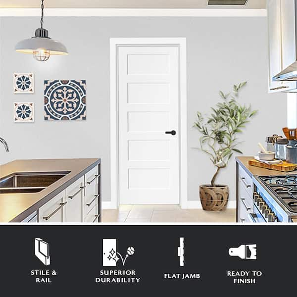 30 in. x 80 in. 5-Panel Shaker White Primed Left Hand Solid Core Wood Single Prehung Interior Door with Bronze Hinges