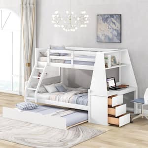 White Wood Twin over Full Bunk Bed with Trundle and Built-in Desk, Three Storage Drawers and Shelf